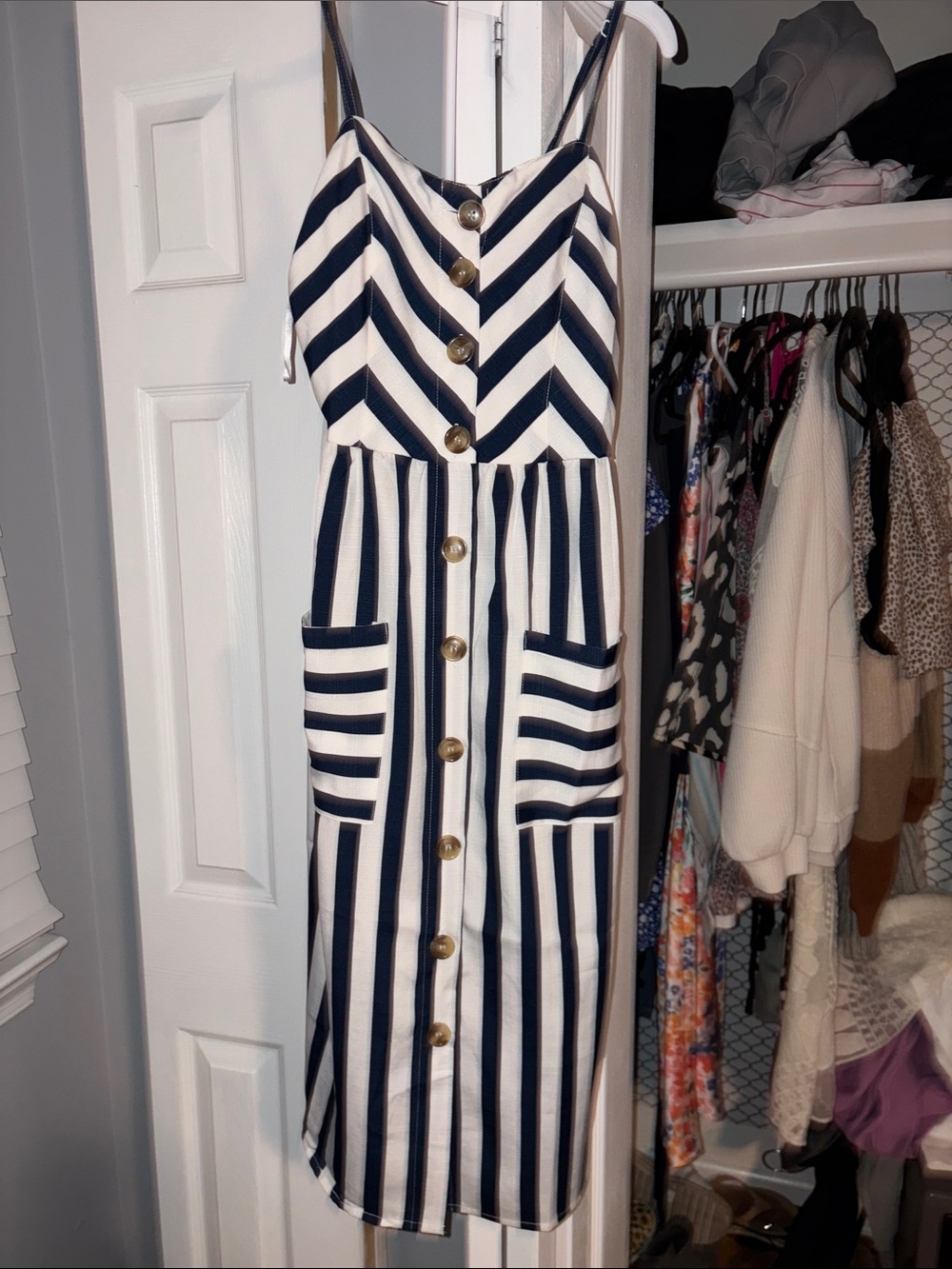 Navy and White Striped Button-Front Midi Dress